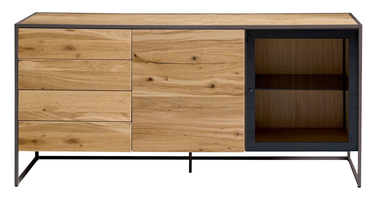 Venjakob Dressoir TAGENA Vooraanzicht van een modern dressoir van hout met een metalen frame, links met lades en rechts met een glazen deur.