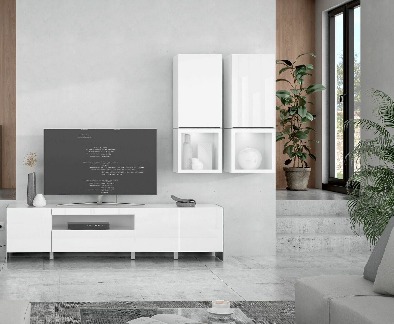 Moderne Wohnwand in Weiß mit TV, Hängeschränken und Dekoration, seitliche Perspektive
