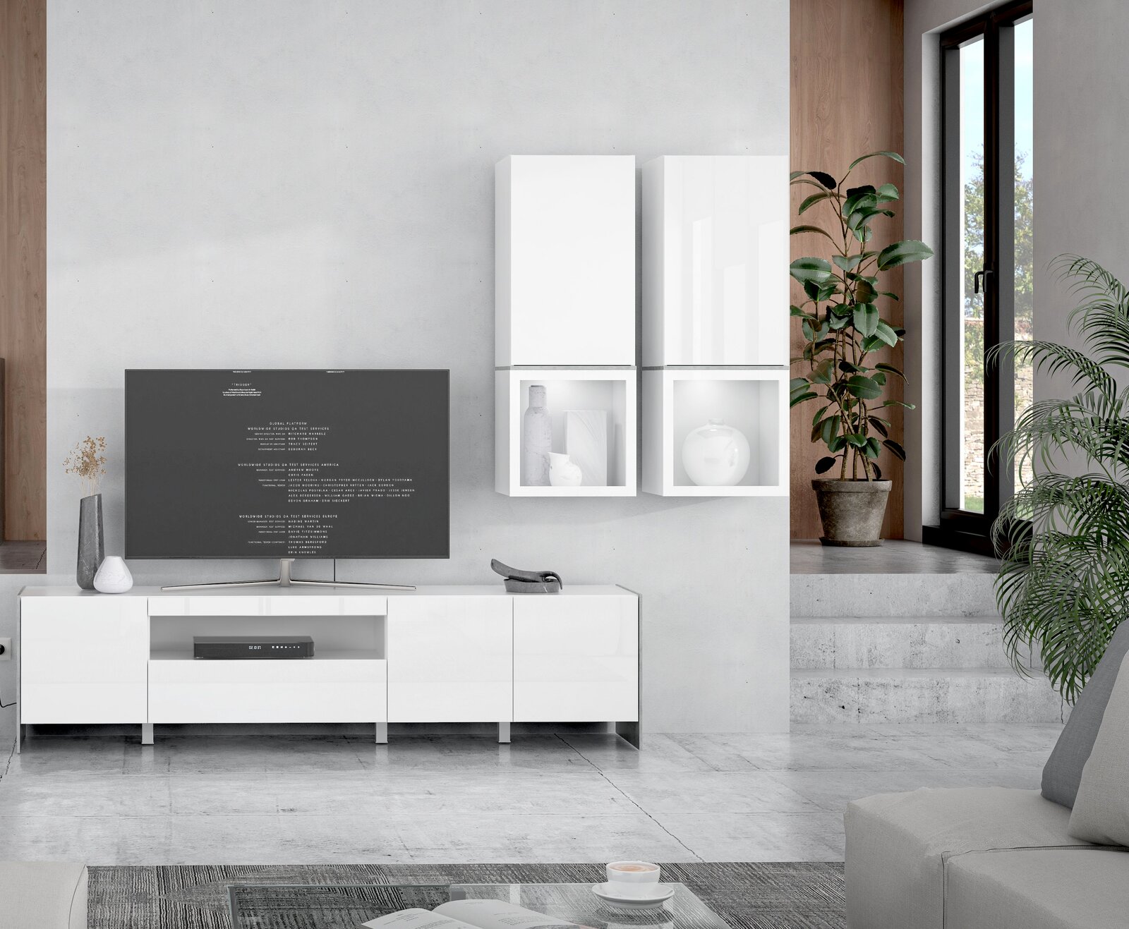 Moderne Wohnwand in Weiß mit TV, Hängeschränken und Dekoration, seitliche Perspektive