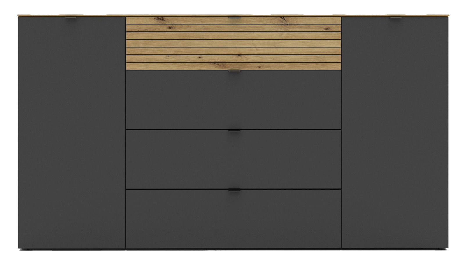 Modernes Sideboard in dunklem Grau mit Holzdetails, Frontalansicht