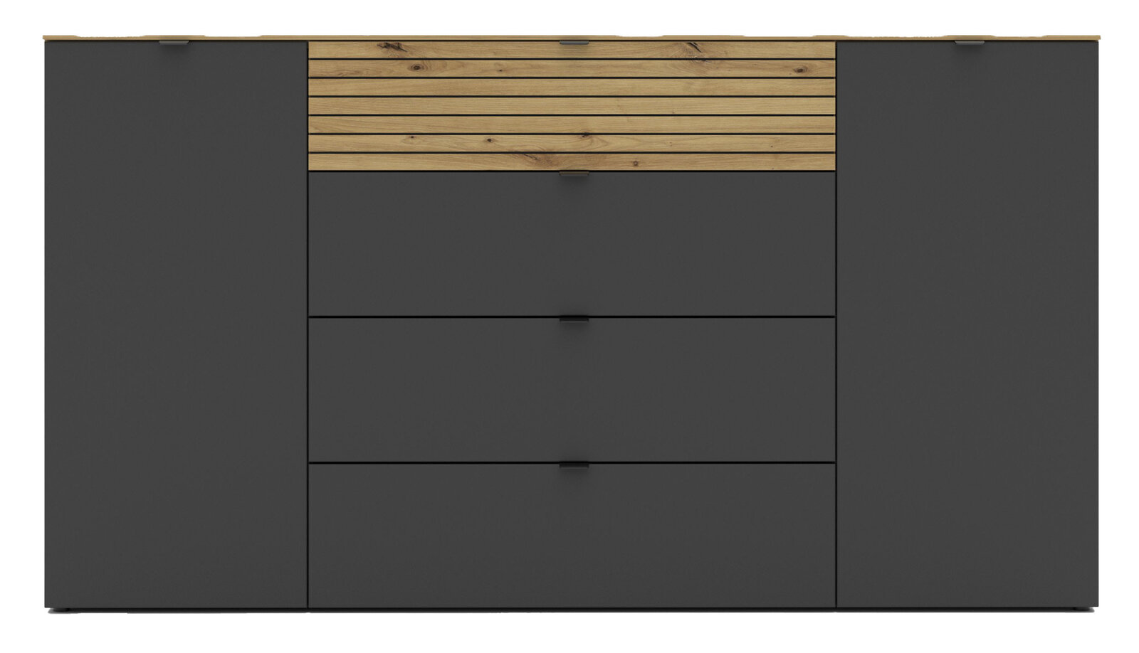 Modernes Sideboard in dunklem Grau mit Holzdetails, Frontalansicht