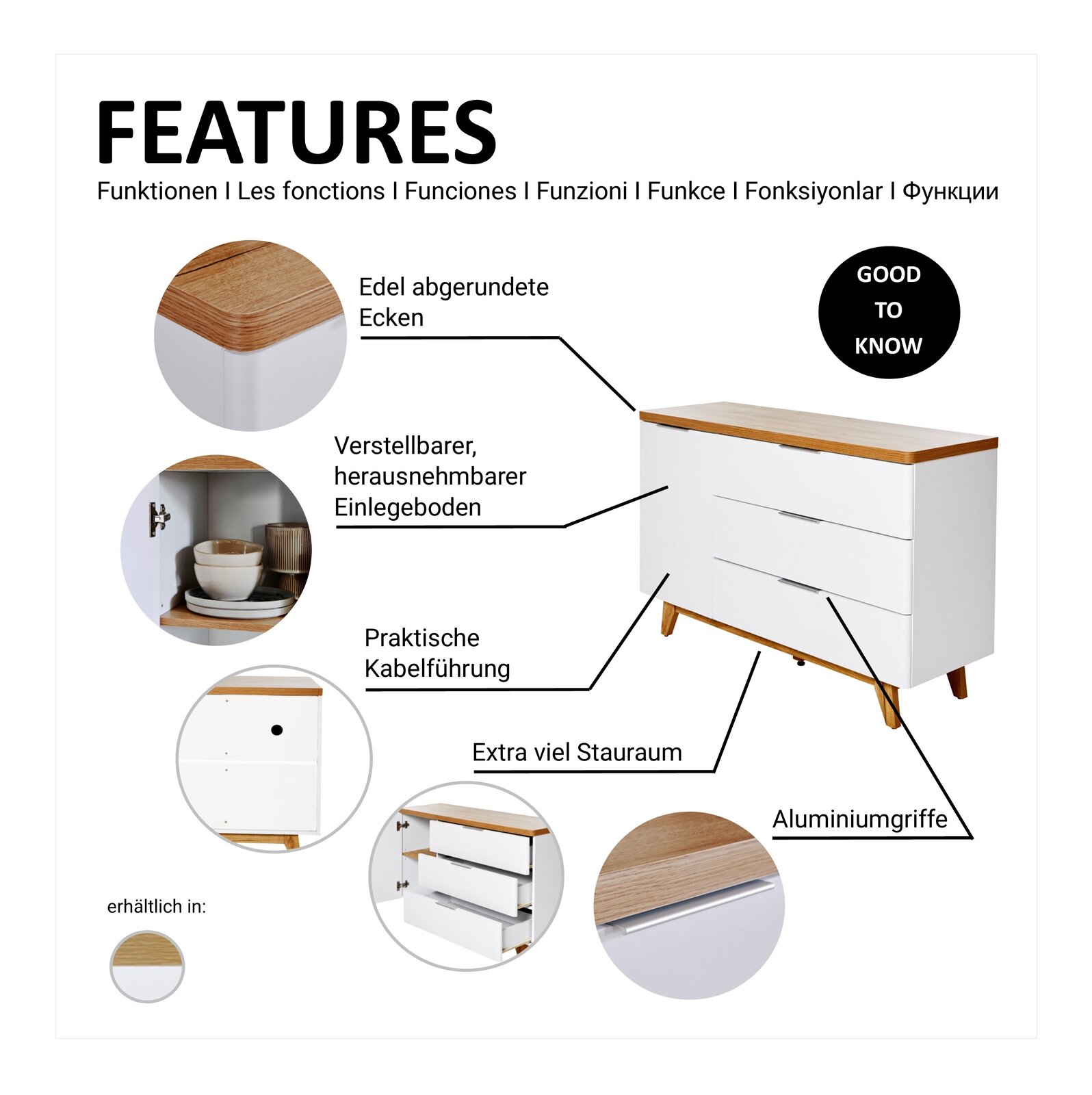 Kommode mit edel abgerundeten Ecken, verstellbarem Einlegeboden, praktischer Kabelführung, Aluminiumgriffen und extra viel Stauraum, seitliche Perspektive
