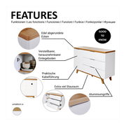 Kommode mit edel abgerundeten Ecken, verstellbarem Einlegeboden, praktischer Kabelführung, Aluminiumgriffen und extra viel Stauraum, seitliche Perspektive