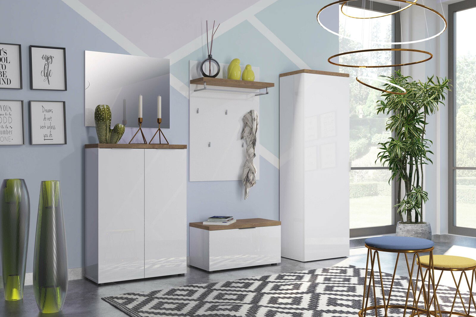 XORA Garderobenschrank IDEA Moderne Garderobeneinrichtung mit weißem Hochglanz-Schuhschrank, Spiegel, Garderobenpaneel und Bank in einem hellen Raum mit großen Fenstern, von vorne betrachtet.