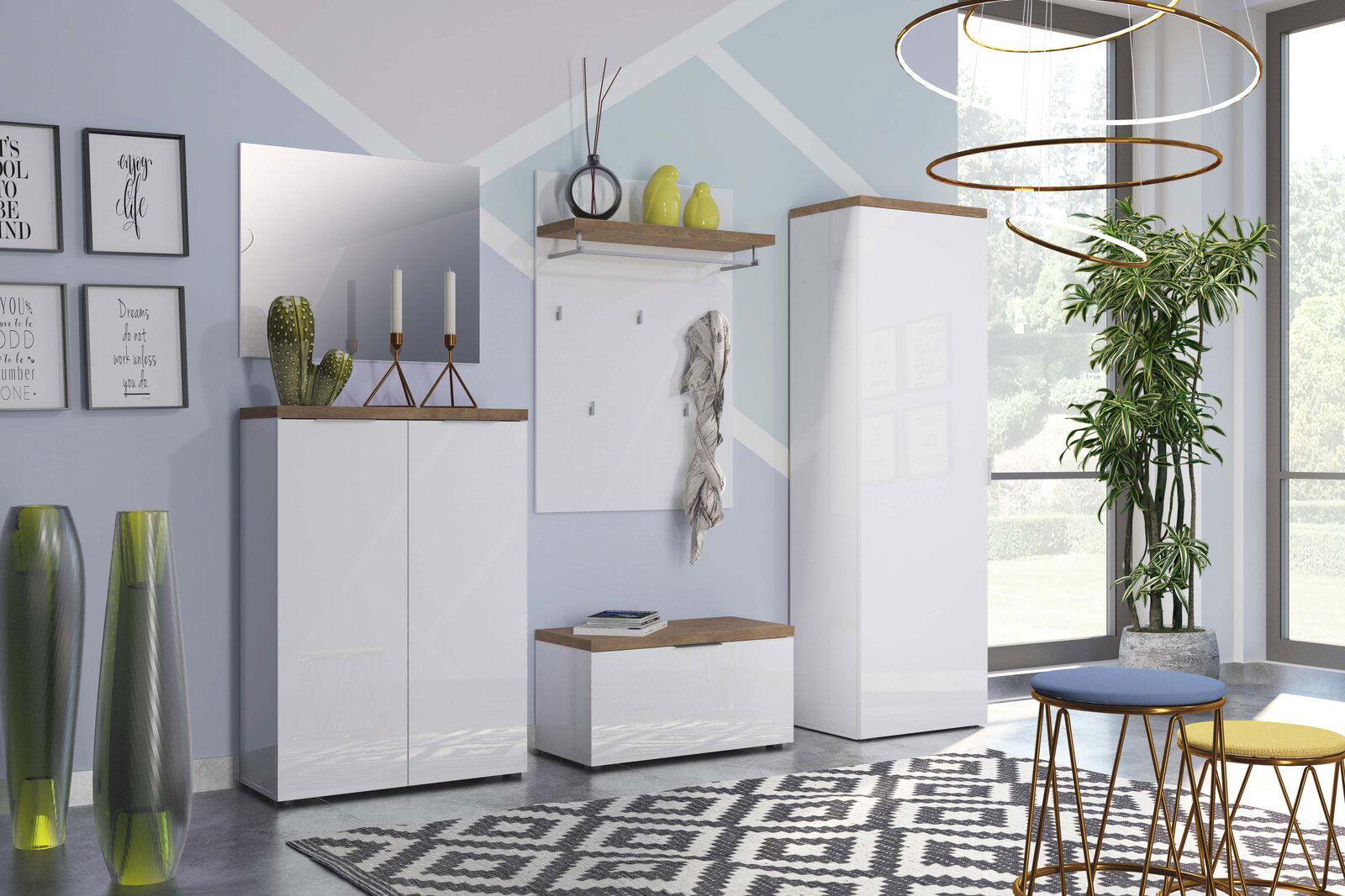 XORA Schuhschrank IDEA Moderne Garderobeneinrichtung mit weißem Hochglanz-Schuhschrank, Spiegel, Garderobenpaneel und Bank in einem hellen Raum mit großen Fenstern, von vorne betrachtet.