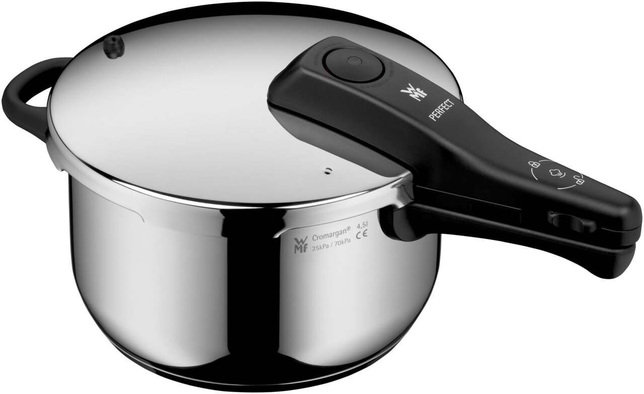 WMF Schnellkochtopf PERFECT Schnellkochtopf WMF Perfect 4,5L aus Edelstahl, seitliche Perspektive
