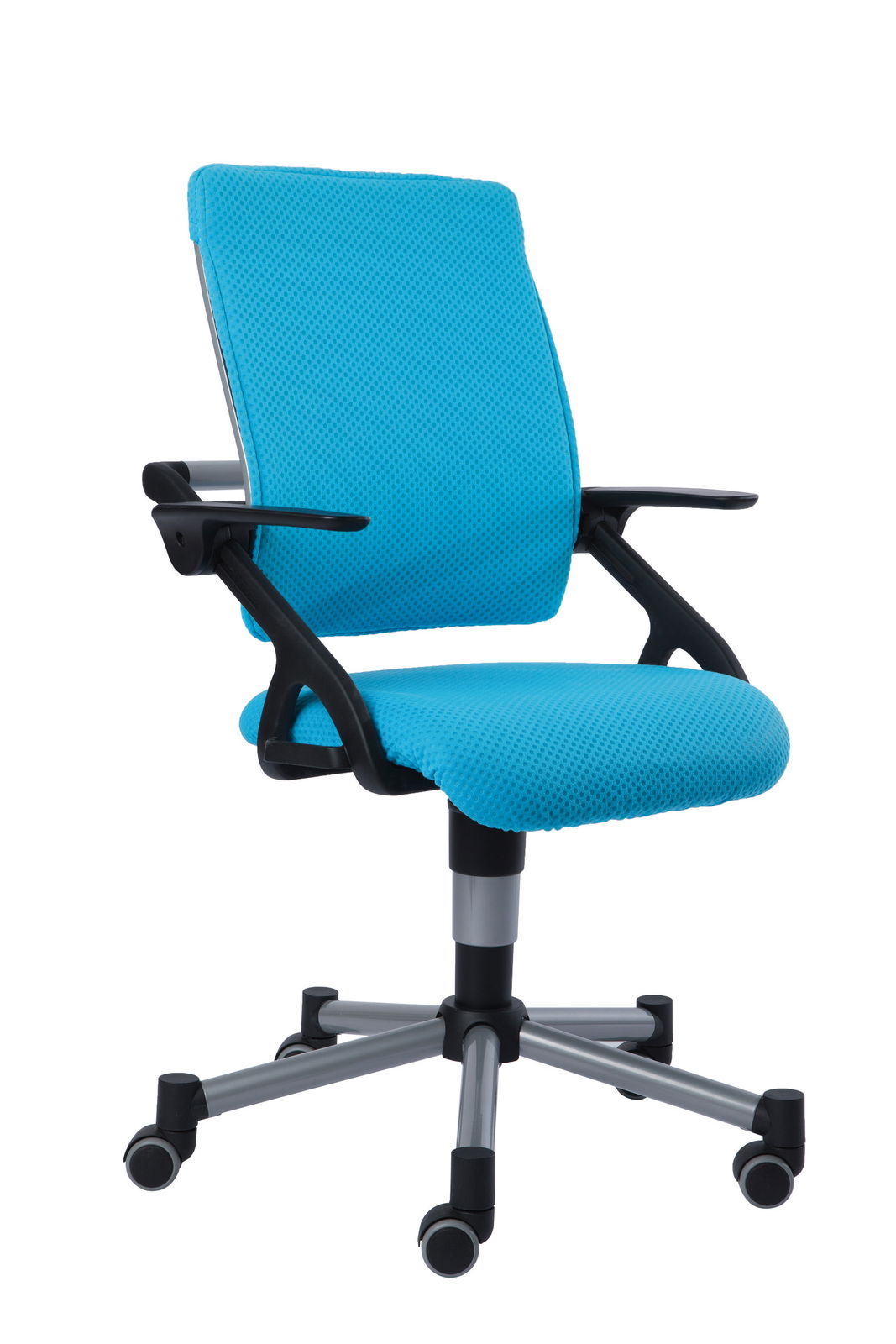 Blauer Jugenddrehstuhl mit Armlehnen und Rollen, seitliche Perspektive