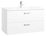 Moderner weißer Waschplatz mit zwei Schubladen und integriertem Waschbecken, Frontalansicht