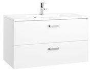 Moderner weißer Waschplatz mit zwei Schubladen und integriertem Waschbecken, Frontalansicht