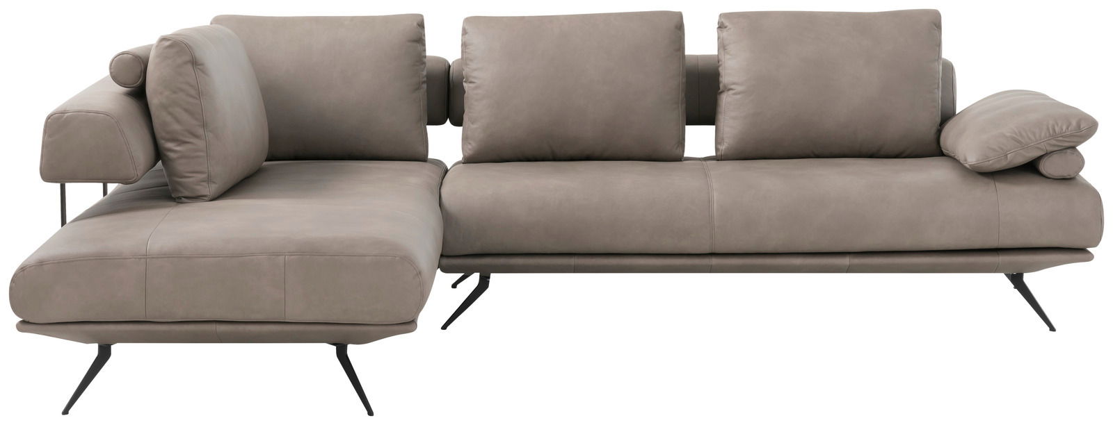 Graue Eckgarnitur mit modernen, schlanken Metallfüßen, seitliche Perspektive