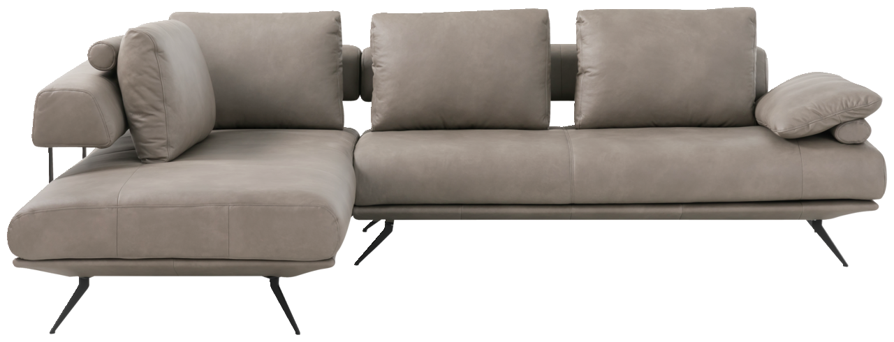 Graue Eckgarnitur mit modernen, schlanken Metallfüßen, seitliche Perspektive