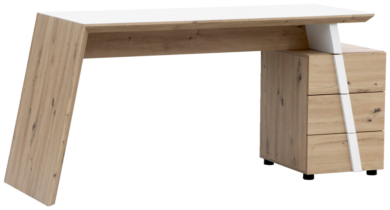 Moderner Schreibtisch aus Holz mit schrägem Bein und integriertem Schubladenschrank, seitliche Perspektive