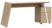 Moderner Schreibtisch aus Holz mit schrägem Bein und integriertem Schubladenschrank, seitliche Perspektive