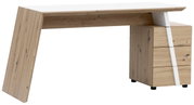 Moderner Schreibtisch aus Holz mit schrägem Bein und integriertem Schubladenschrank, seitliche Perspektive