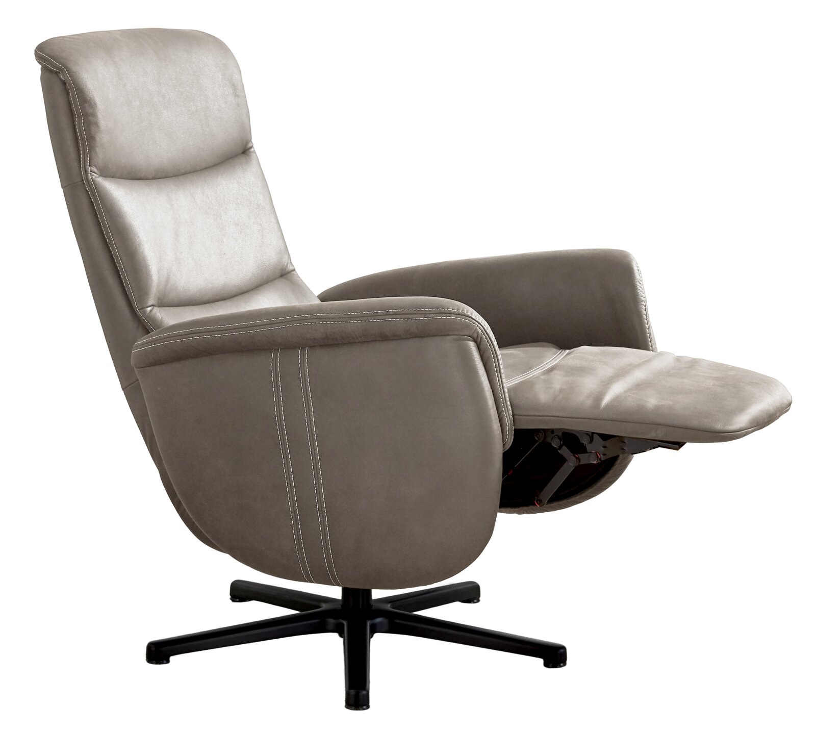 Grijze relaxfauteuil met verstelbare rugleuning en voetsteun, zijaanzicht