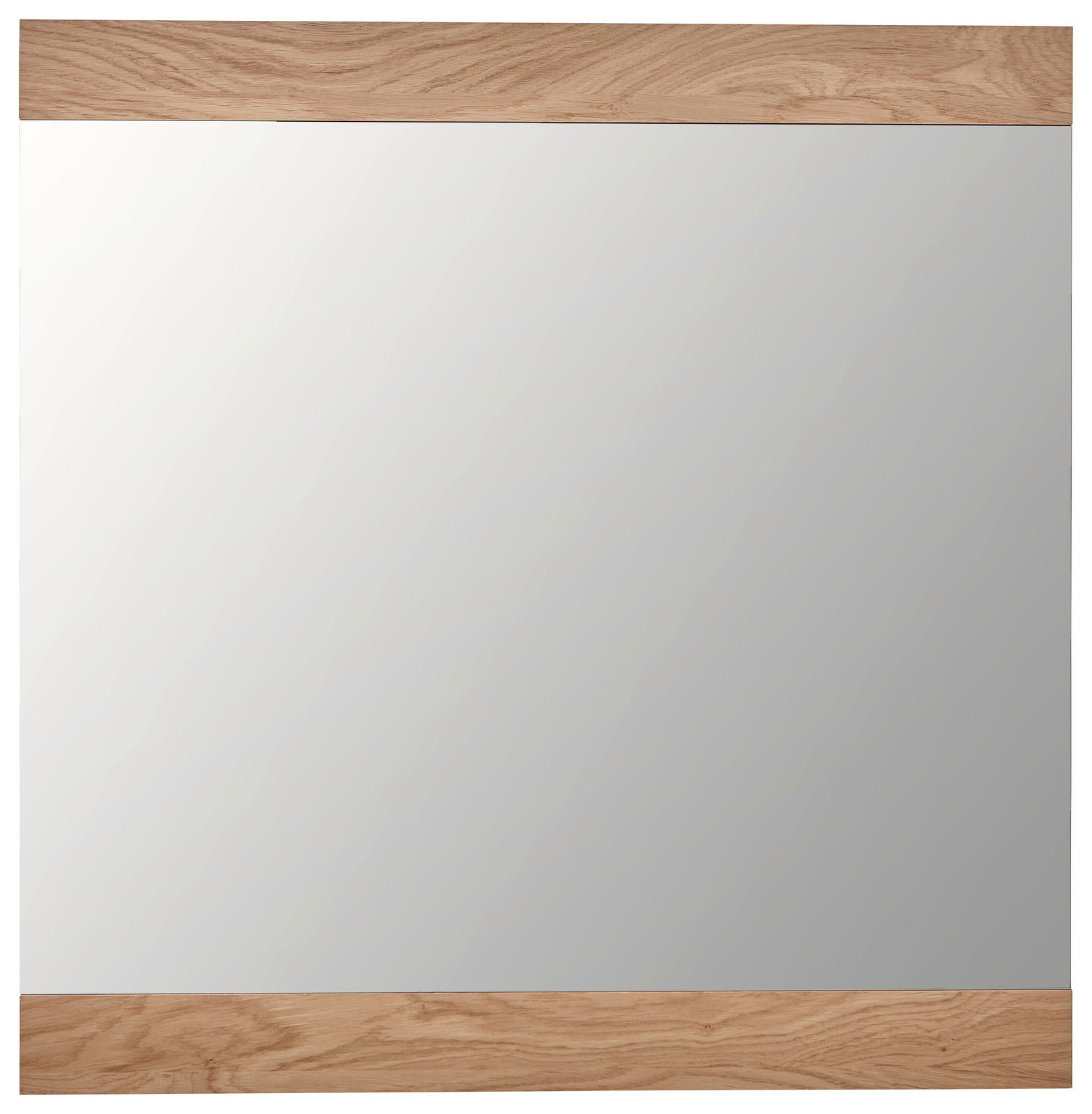 Rechteckiger Spiegel mit Holzrahmen an der Ober- und Unterseite, Frontalansicht