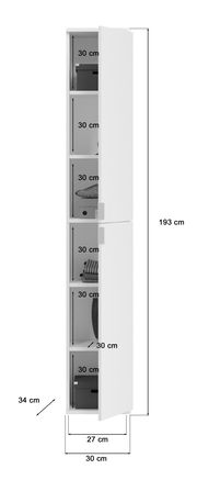 Schmaler, weißer Schrank mit sechs Fächern, seitliche Perspektive, Maße: 193 cm hoch, 34 cm tief, 30 cm breit.
