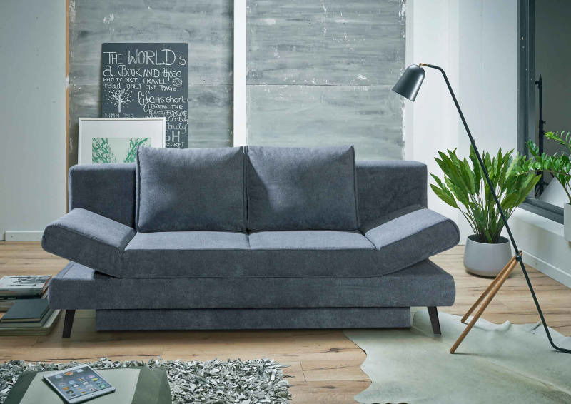 Graues Querschläfer-Sofa in modernem Wohnzimmer, frontal betrachtet, mit Pflanzen und Stehlampe.