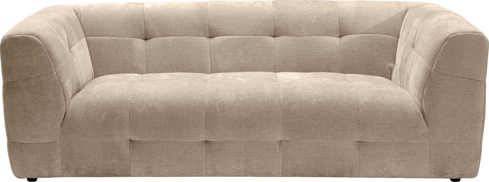 Beiges, gepolstertes 2-Sitzer-Sofa mit gesteppter Oberfläche und abgerundeten Armlehnen, Frontansicht