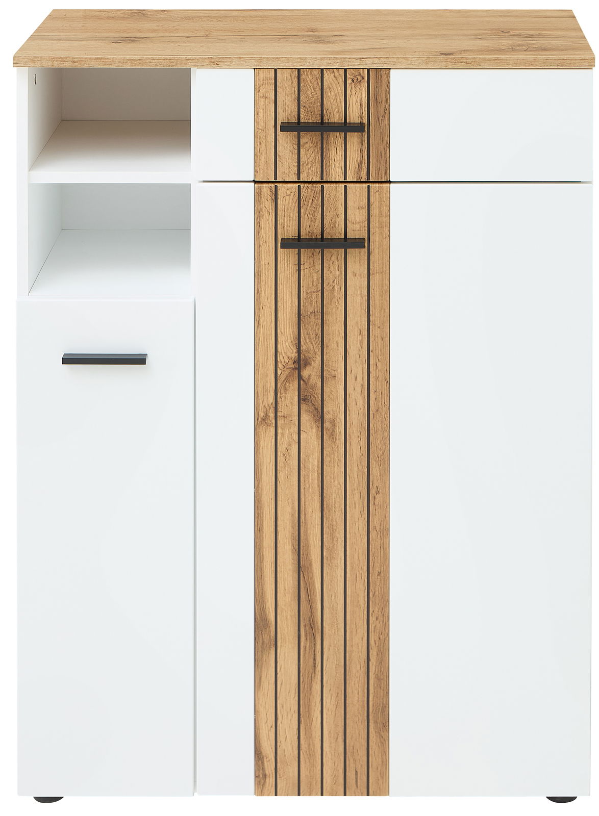 Moderner Schuhschrank in Weiß mit Holzdetails, frontal abgebildet