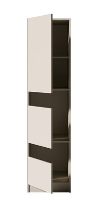 Hoher, schmaler Hochschrank in Beige mit drei geöffneten Fronten und sichtbaren Ablagefächern, in schräger Vorderansicht von links