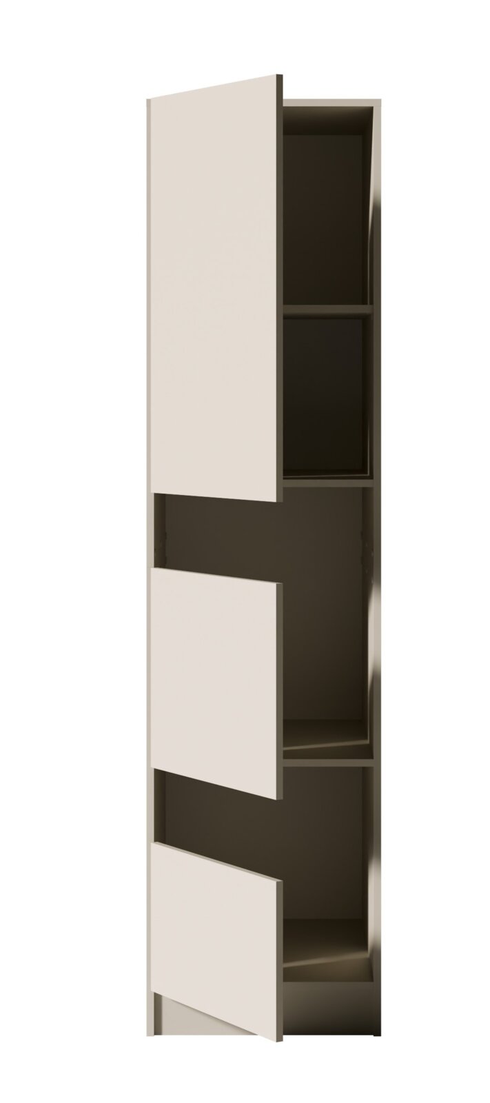 Hoher, schmaler Hochschrank in Beige mit drei geöffneten Fronten und sichtbaren Ablagefächern, in schräger Vorderansicht von links