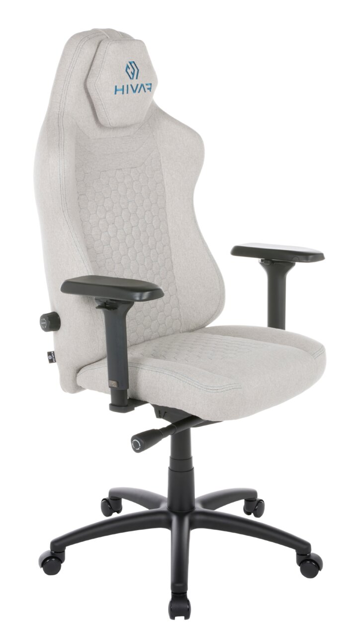 HIVAR Gaming Stuhl ORBICAL Grauer Gaming Stuhl mit ergonomischem Design, verstellbaren Armlehnen und stabiler Basis, seitliche Perspektive