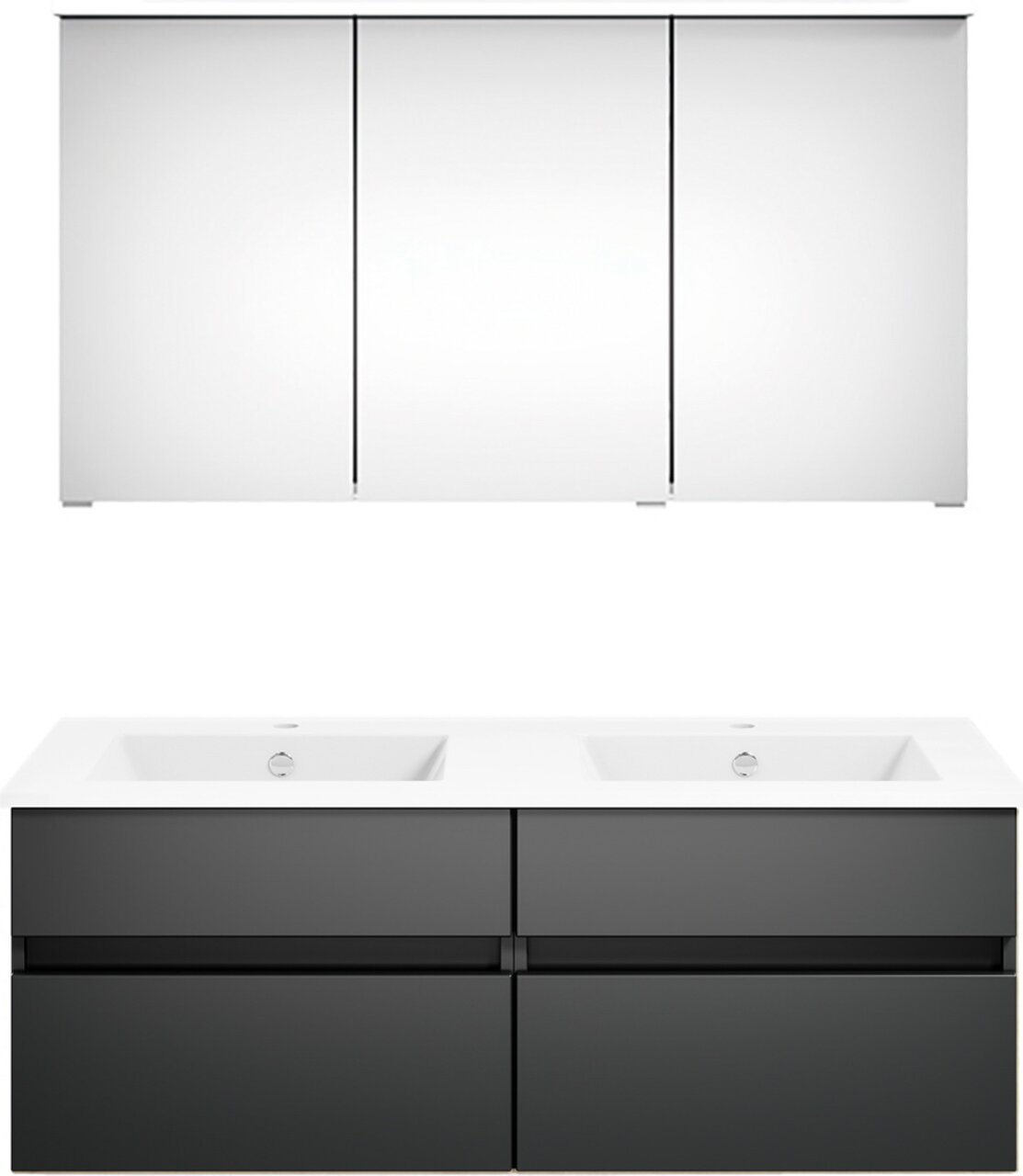 Moderne Badkombination mit Doppelwaschbecken und Spiegelschrank, Frontalansicht