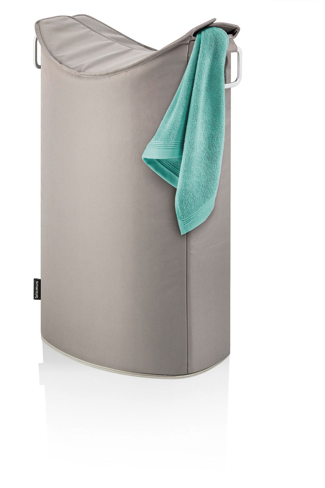 blomus Wäschesammler FRISCO Grauer Wäschesammler mit grünem Handtuch, seitliche Perspektive