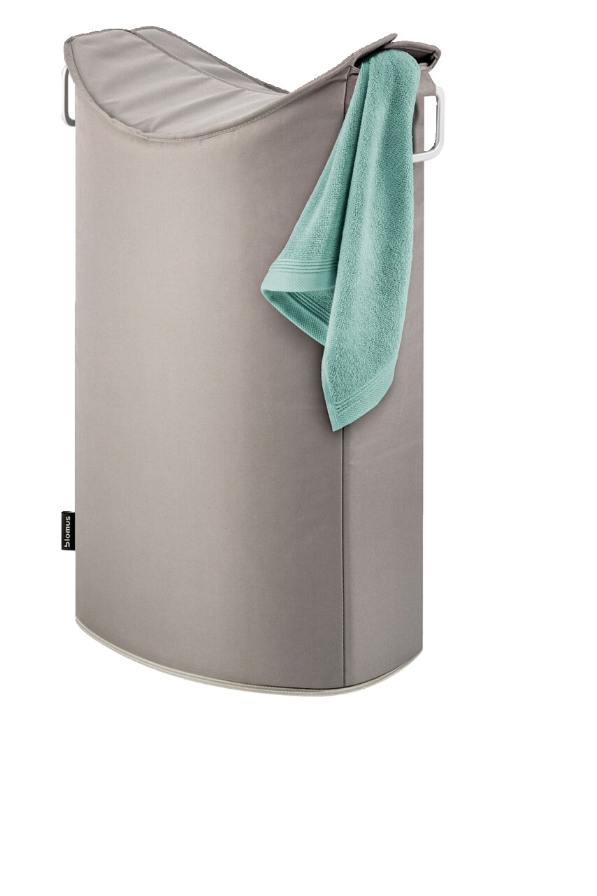 blomus Wäschesammler FRISCO Grauer Wäschesammler mit grünem Handtuch, seitliche Perspektive