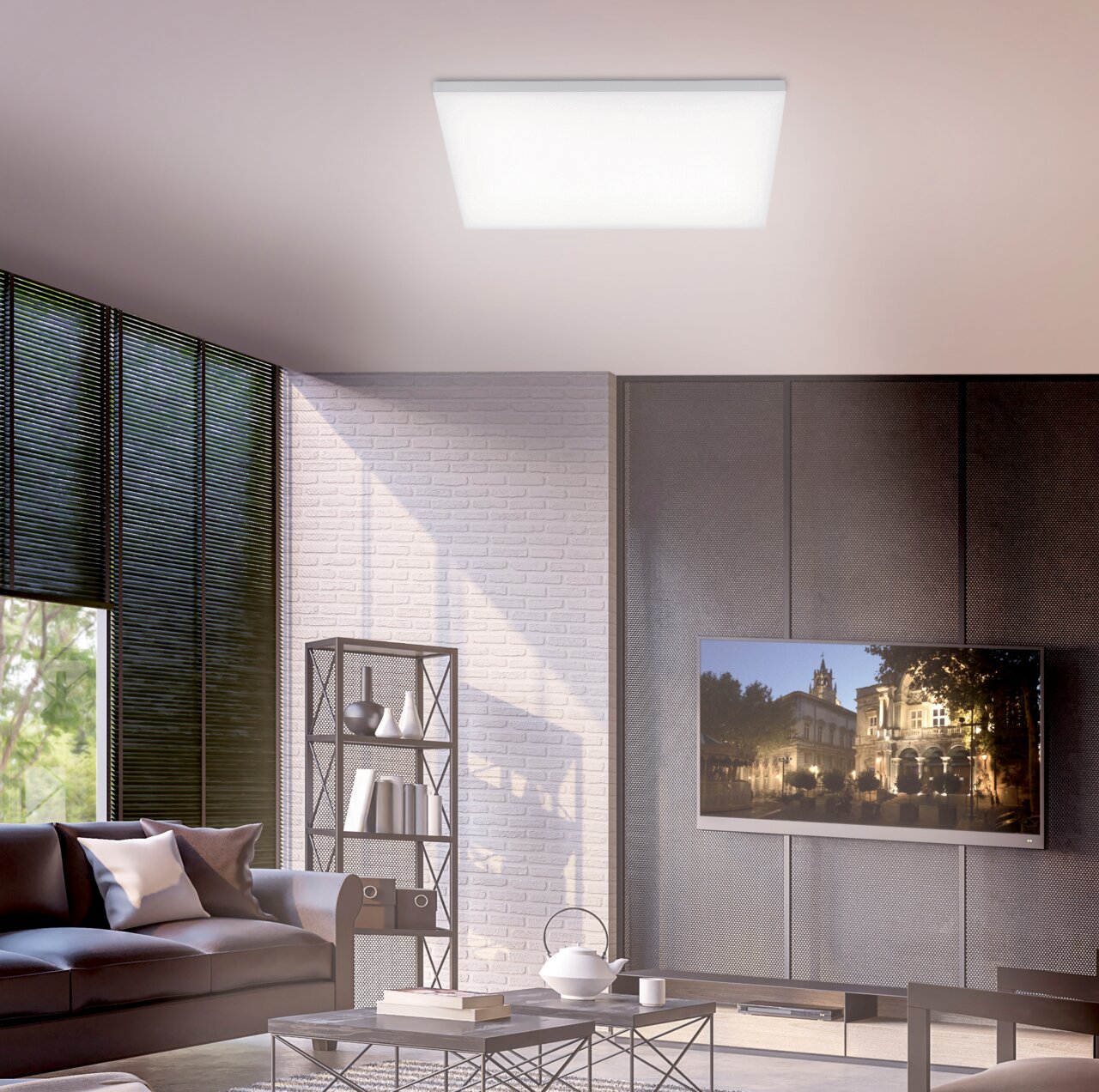 Just Light LED-Deckenleuchte FRAMELESS Moderne quadratische Deckenleuchte in einem stilvollen Wohnzimmer, von unten betrachtet.