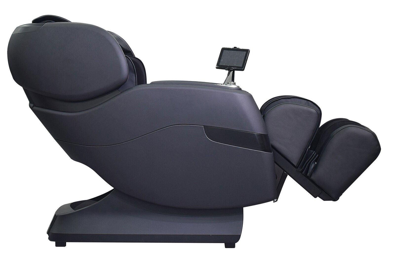 Seitliche Ansicht eines modernen Massagesessels in dunkler Farbe mit verstellbarer Rückenlehne und Fußstütze.
