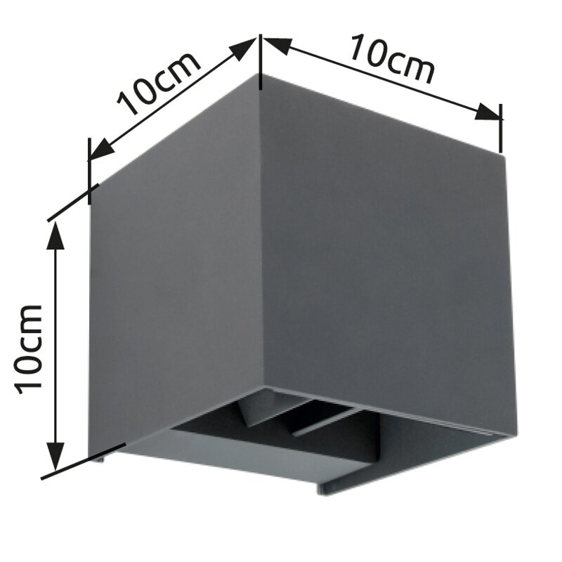 Moderne quadratische Außenleuchte in schwarzer Farbe, Perspektive von unten, Maße 10x10x10 cm