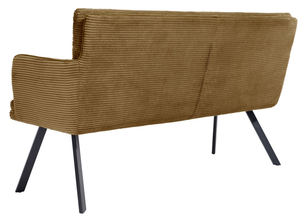 Achterkant van een bank met een bruine, geribbelde stoffen bekleding en zwarte metalen poten.