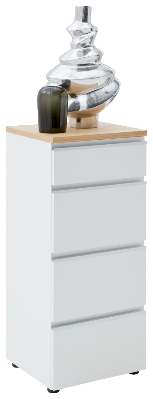 Dieter Knoll Schubkastenkommode LENDINA Weiße Schubkastenkommode mit vier Schubladen, Holzoberfläche und dekorativen Vasen, seitliche Perspektive