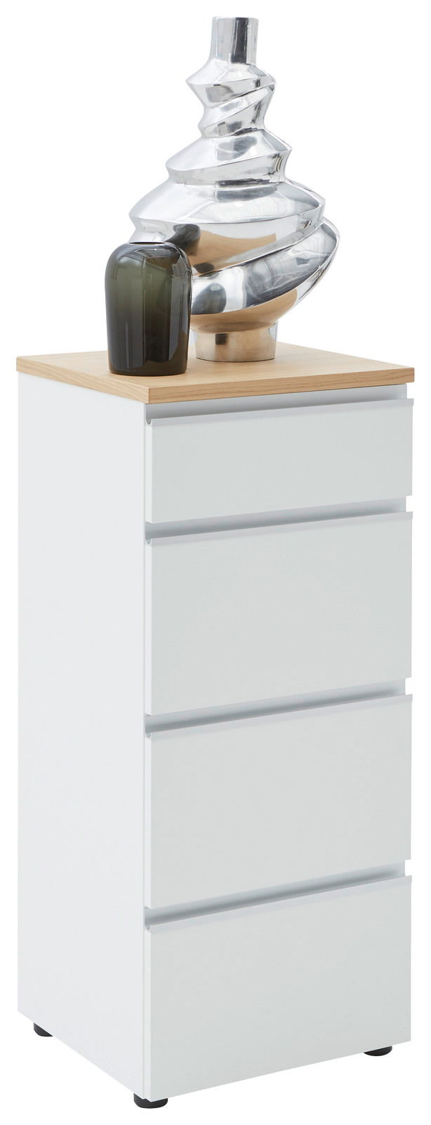 Weiße Schubkastenkommode mit vier Schubladen, Holzoberfläche und dekorativen Vasen, seitliche Perspektive