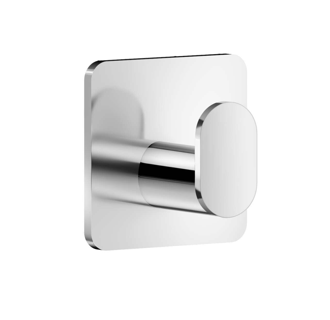 Moderner, polierter Edelstahlhaken mit quadratischer Basis, seitliche Perspektive.