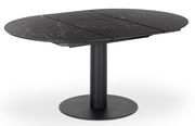 Runder Esstisch mit schwarzer Marmoroptik und zentralem Standfuß, seitliche Perspektive