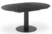 Runder Esstisch mit schwarzer Marmoroptik und zentralem Standfuß, seitliche Perspektive