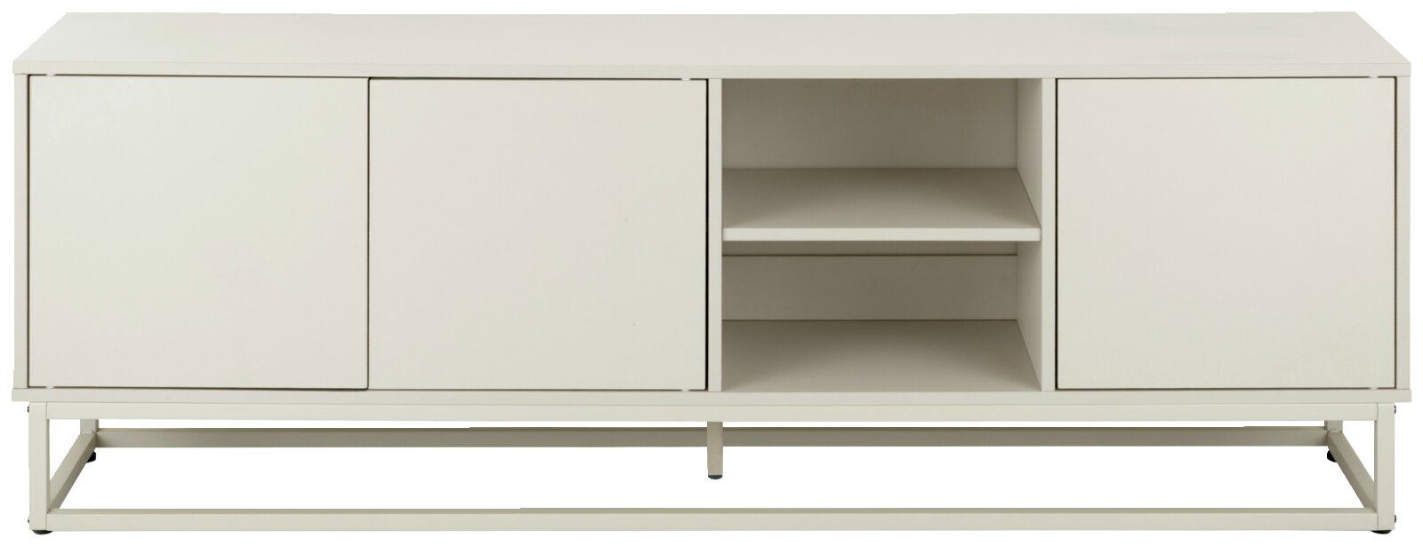 Weißes Sideboard/TV-Lowboard im modernen Design mit drei Türen und offenem Mittelfach mit zwei Ablagen, auf Metallgestell, Frontansicht.