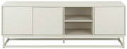 Weißes Sideboard/TV-Lowboard im modernen Design mit drei Türen und offenem Mittelfach mit zwei Ablagen, auf Metallgestell, Frontansicht.