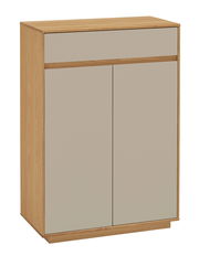 Moderner Schuhschrank aus Holz mit zwei Türen und einer Schublade, frontal betrachtet.