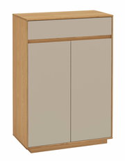 Moderner Schuhschrank aus Holz mit zwei Türen und einer Schublade, frontal betrachtet.
