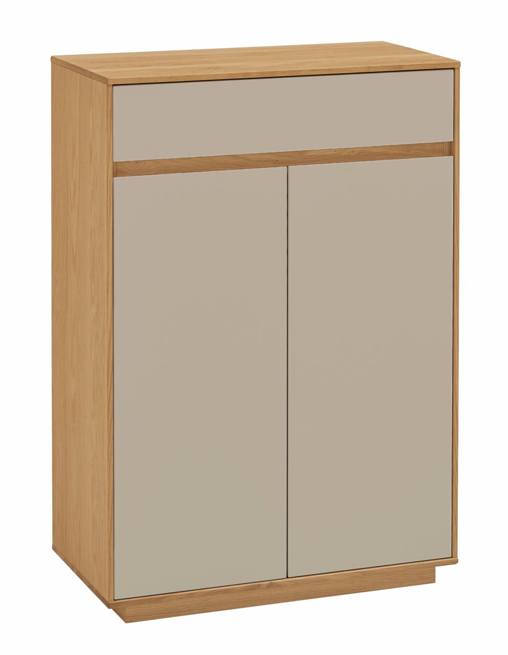 Moderner Schuhschrank aus Holz mit zwei Türen und einer Schublade, frontal betrachtet.