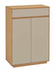 Moderner Schuhschrank aus Holz mit zwei Türen und einer Schublade, frontal betrachtet.