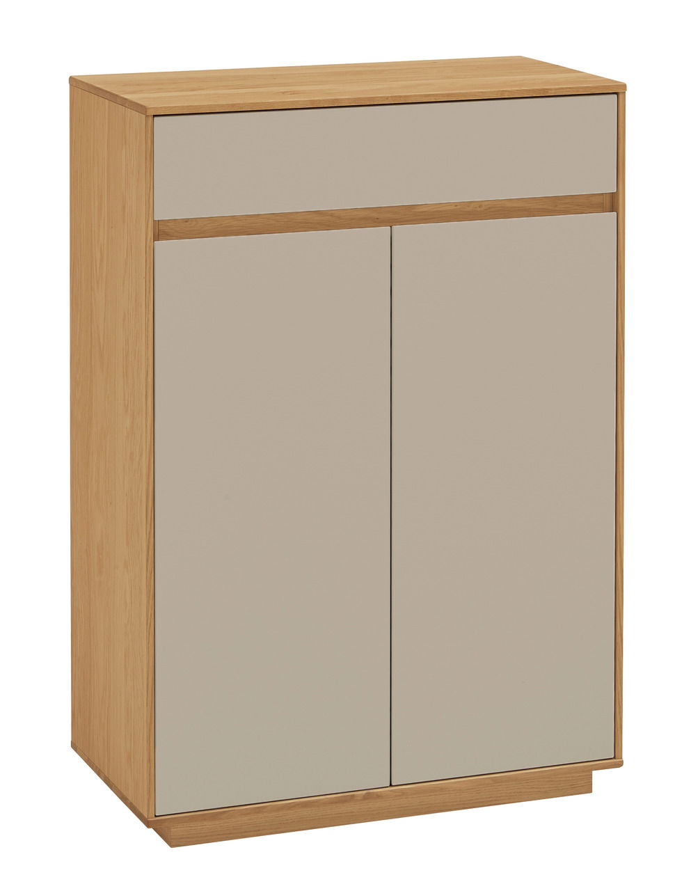 Moderner Schuhschrank aus Holz mit zwei Türen und einer Schublade, frontal betrachtet.