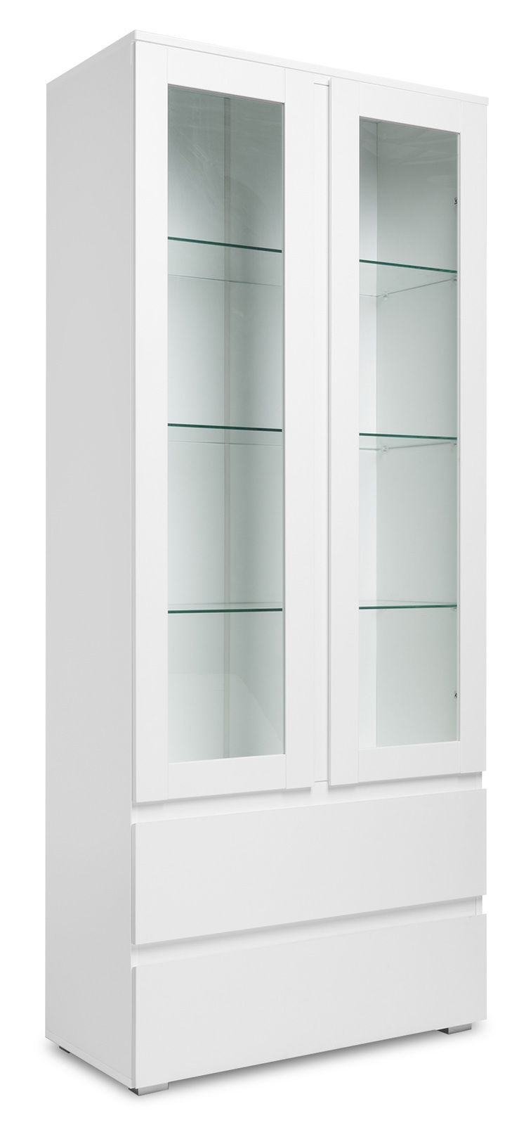 Weiße Vitrine mit Glastüren und mehreren Einlegeböden, seitliche Perspektive