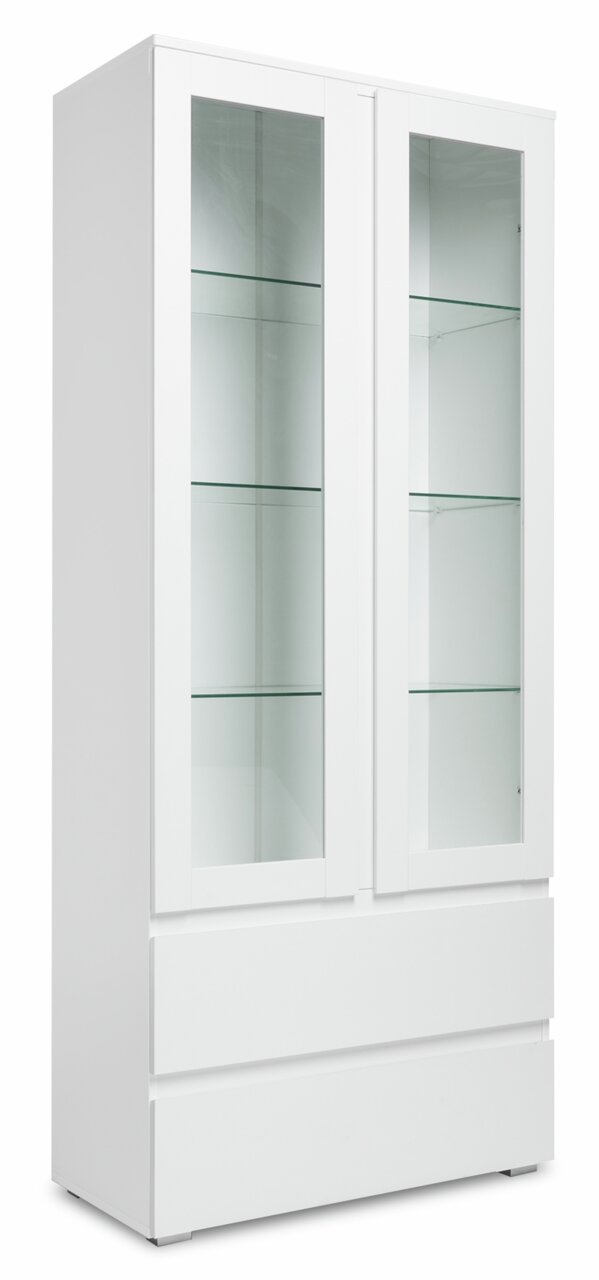 Weiße Vitrine mit Glastüren und mehreren Einlegeböden, seitliche Perspektive