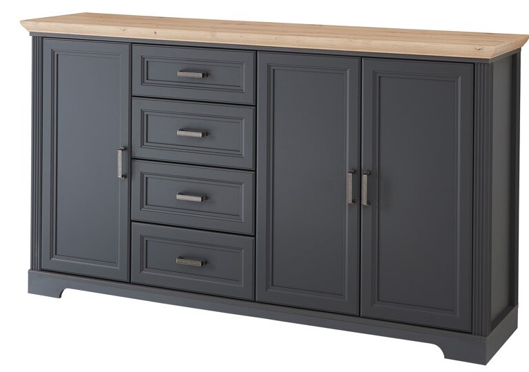 Landscape XL-Sideboard JUDITH XL-Sideboard in dunklem Grau mit vier Schubladen und zwei Türen, Holzplatte oben, seitliche Perspektive