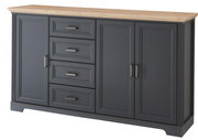 XL-Sideboard in dunklem Grau mit vier Schubladen und zwei Türen, Holzplatte oben, seitliche Perspektive